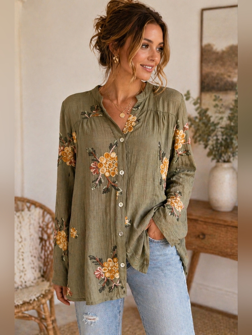 Fig & Flower Olive Embroidered Boho Tunic Blouse Small Cottagecore